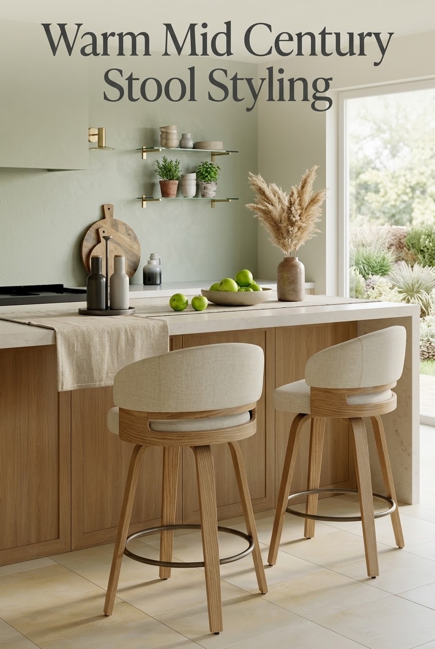 Warm Mid-Century Stool Styling: Curating an Elevated Counter-Height Island
